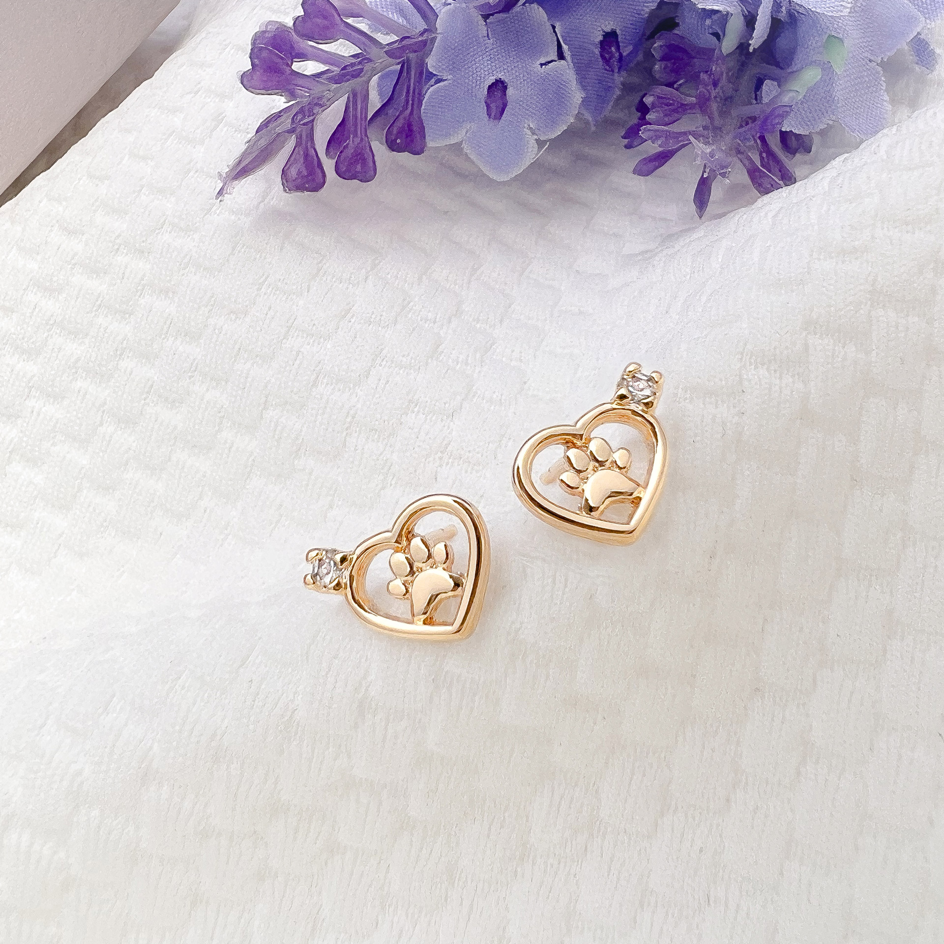 Heart and Paw Earrings with crystals – Gold Plated - Image 2